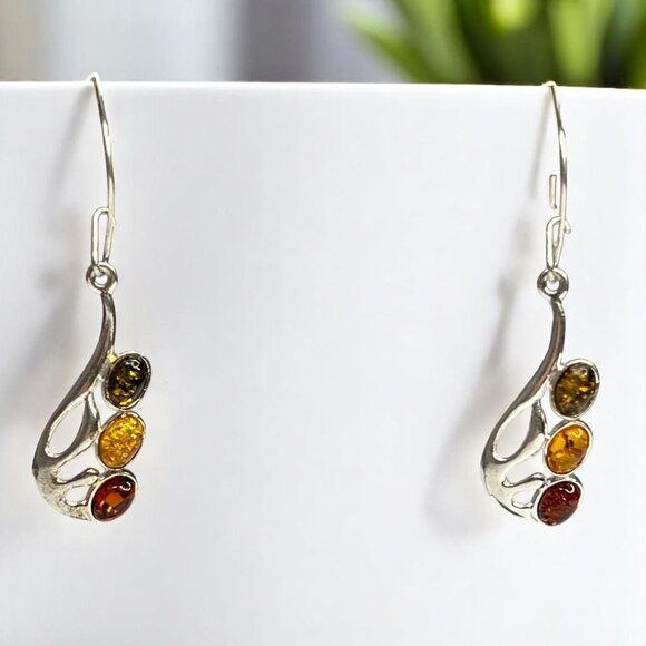 Amber Sterling Silver 925 Drop Earrings Jewelry With Multicolor Oval Cabochons - Picture 1 of 11